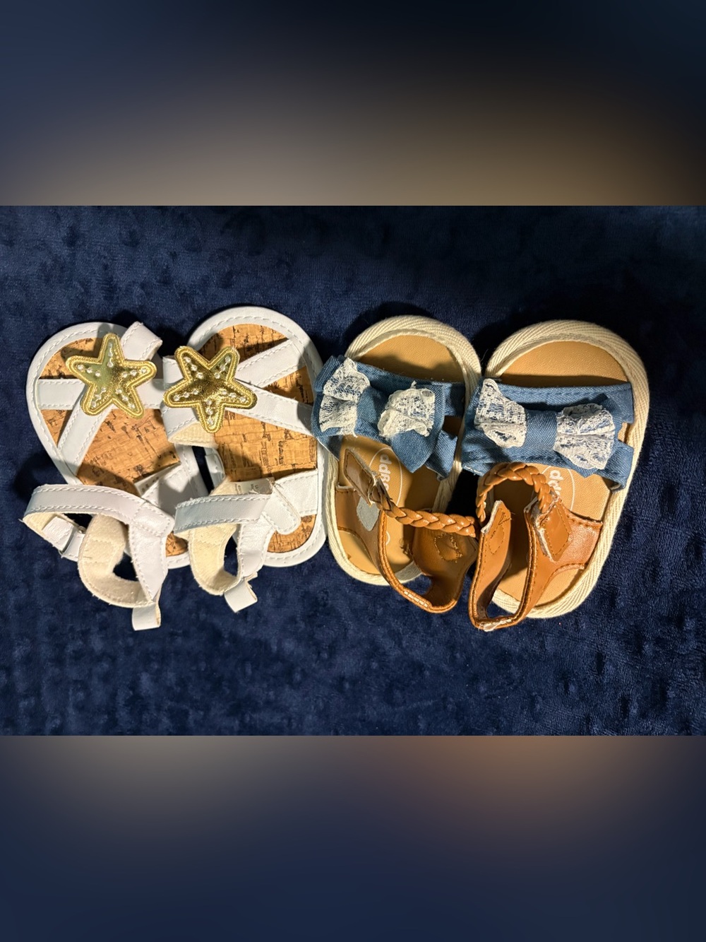 2 Sandals: Girls White and Gold Sea Star & Denim Bow Sandals - baby size 3